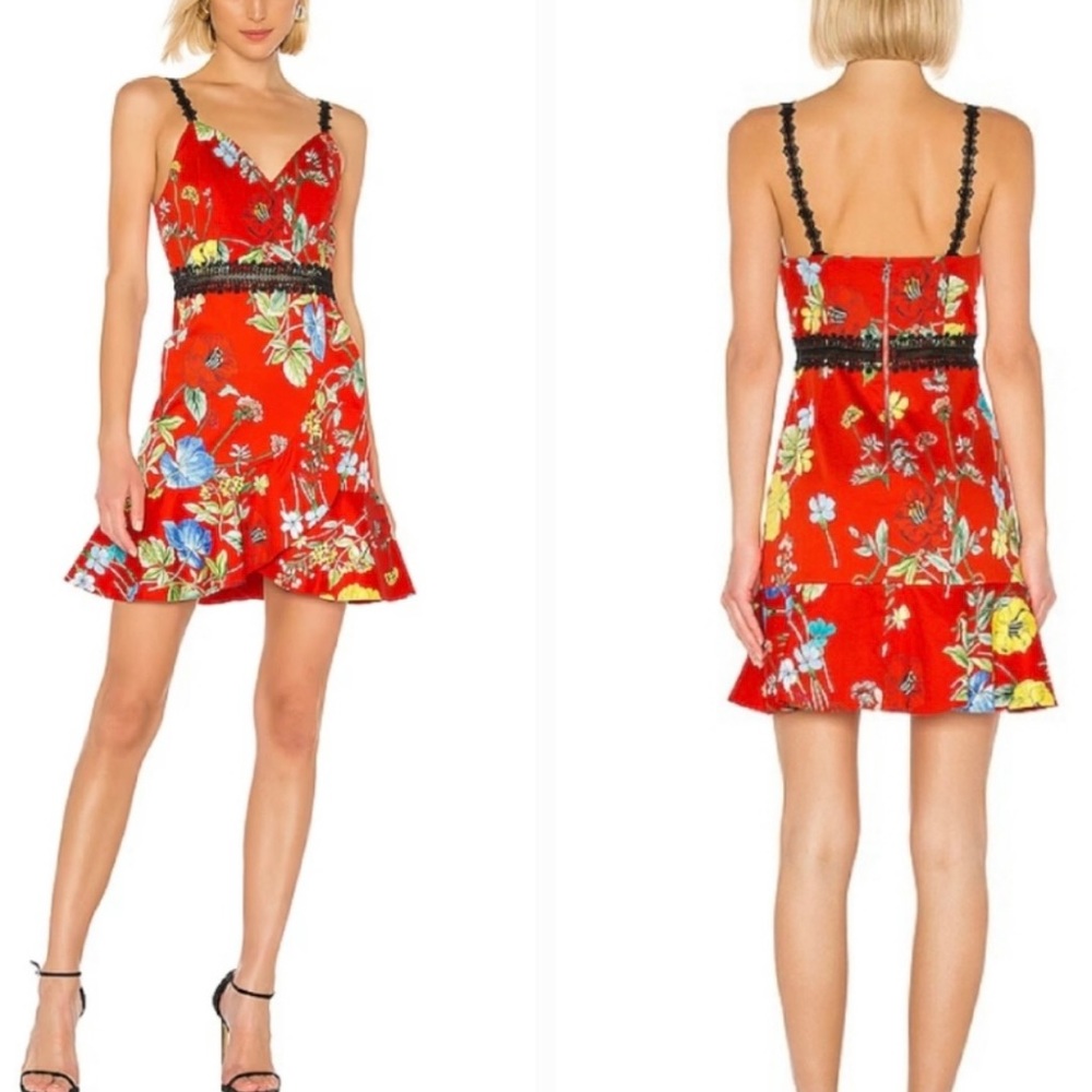 Alice + Olivia • Kirby Mini Dress Lace Strap Red Ruffle Floral Faux Wrap…